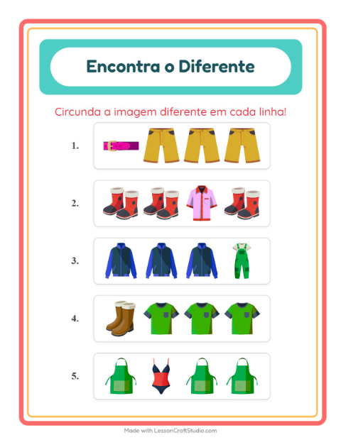 Pré-visualização da ficha de Qual É Diferente com Roupas para Educação infantil (pré-escola, 5-7 anos)