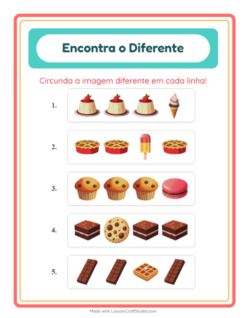 Pré-visualização da ficha de Qual É Diferente com Sobremesas e doces para Educação infantil (pré-escola, 5-7 anos)