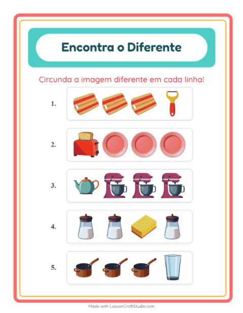 Pré-visualização da ficha de Qual É Diferente com Utensílios de cozinha para Educação infantil (pré-escola, 5-7 anos)