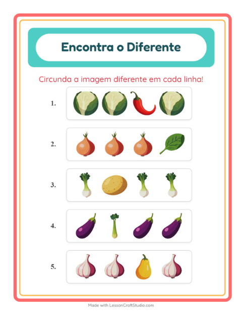 Pré-visualização da ficha de Qual É Diferente com Vegetais para Educação infantil (pré-escola, 5-7 anos)
