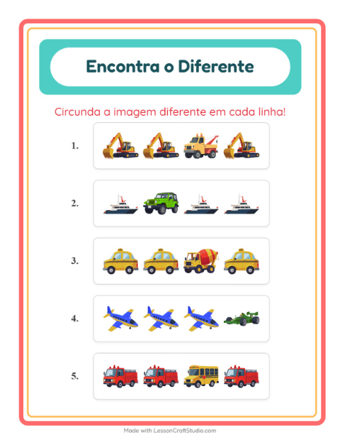 Pré-visualização da ficha de Qual É Diferente com Veículos para Educação infantil (pré-escola, 5-7 anos)