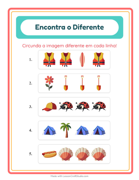 Pré-visualização da ficha de Qual É Diferente com Verão para Educação infantil (pré-escola, 5-7 anos)