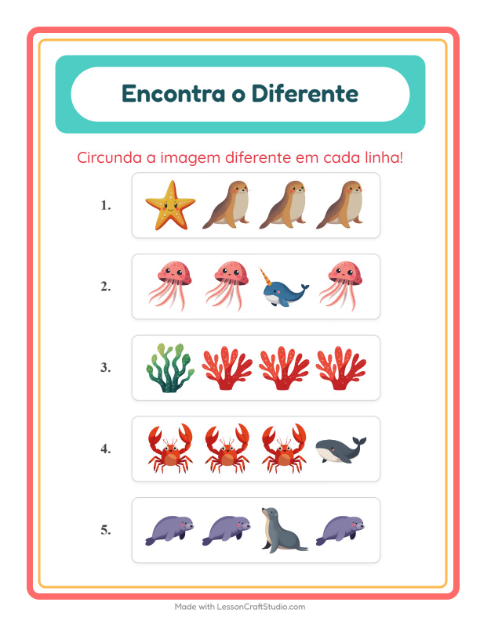 Pré-visualização da ficha de Qual É Diferente com Vida marinha para Educação infantil (pré-escola, 5-7 anos)