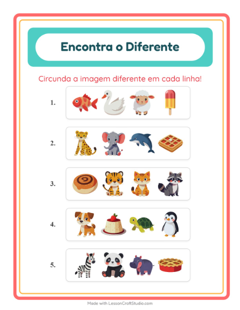 Pré-visualização da ficha de Qual É Diferente com Animais para Educação infantil (pré-escola, 5-7 anos)