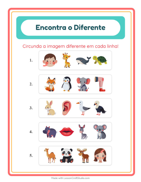 Pré-visualização da ficha de Qual É Diferente com Animais para Educação infantil (pré-escola, 5-7 anos)