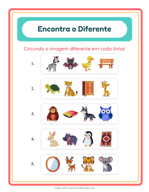 Pré-visualização da ficha de Qual É Diferente com Animais para Educação infantil (pré-escola, 5-7 anos)