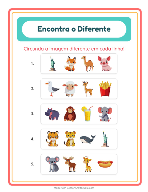 Pré-visualização da ficha de Qual É Diferente com Animais para Educação infantil (pré-escola, 5-7 anos)