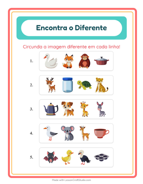 Pré-visualização da ficha de Qual É Diferente com Animais para Educação infantil (pré-escola, 5-7 anos)