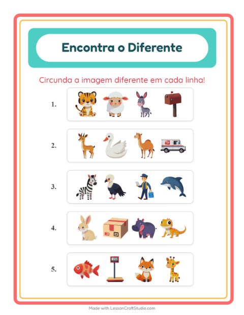 Pré-visualização da ficha de Qual É Diferente com Animais para Educação infantil (pré-escola, 5-7 anos)