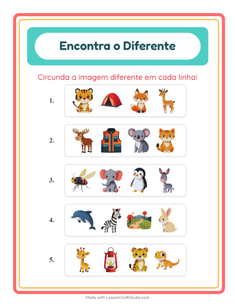 Pré-visualização da ficha de Qual É Diferente com Animais para Educação infantil (pré-escola, 5-7 anos)