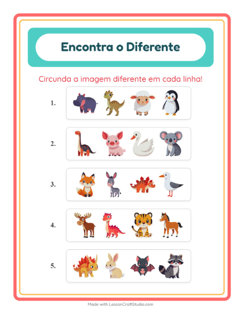 Pré-visualização da ficha de Qual É Diferente com Animais para Educação infantil (pré-escola, 5-7 anos)