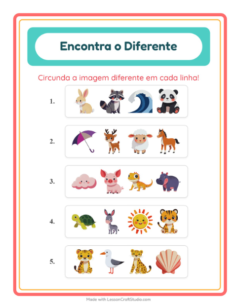 Pré-visualização da ficha de Qual É Diferente com Animais para Educação infantil (pré-escola, 5-7 anos)