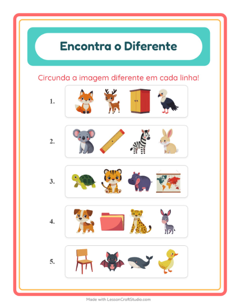 Pré-visualização da ficha de Qual É Diferente com Animais para Educação infantil (pré-escola, 5-7 anos)