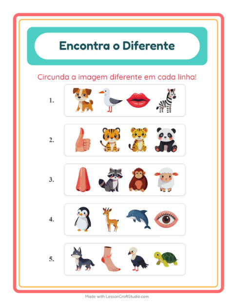 Pré-visualização da ficha de Qual É Diferente com Animais para Educação infantil (pré-escola, 5-7 anos)