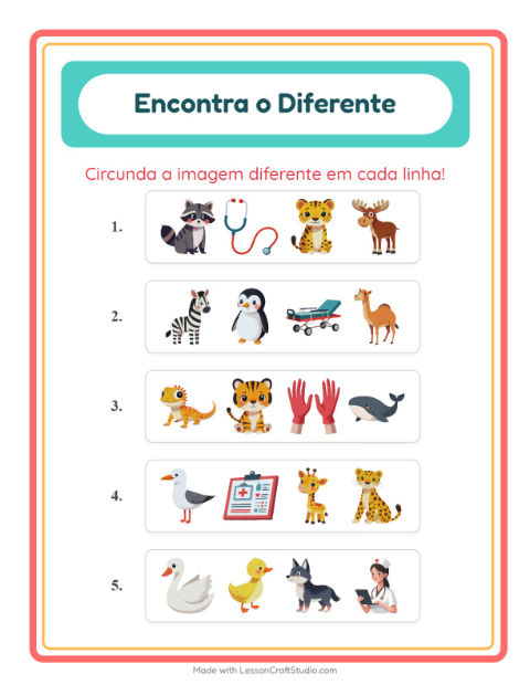 Pré-visualização da ficha de Qual É Diferente com Animais para Educação infantil (pré-escola, 5-7 anos)