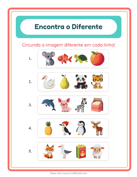 Pré-visualização da ficha de Qual É Diferente com Animais para Educação infantil (pré-escola, 5-7 anos)