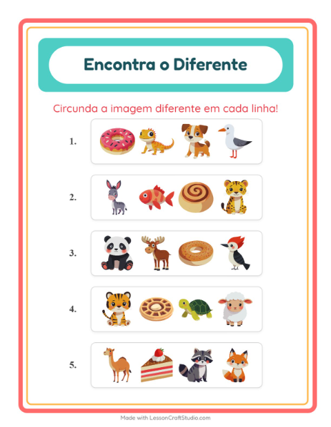 Pré-visualização da ficha de Qual É Diferente com Animais para Educação infantil (pré-escola, 5-7 anos)