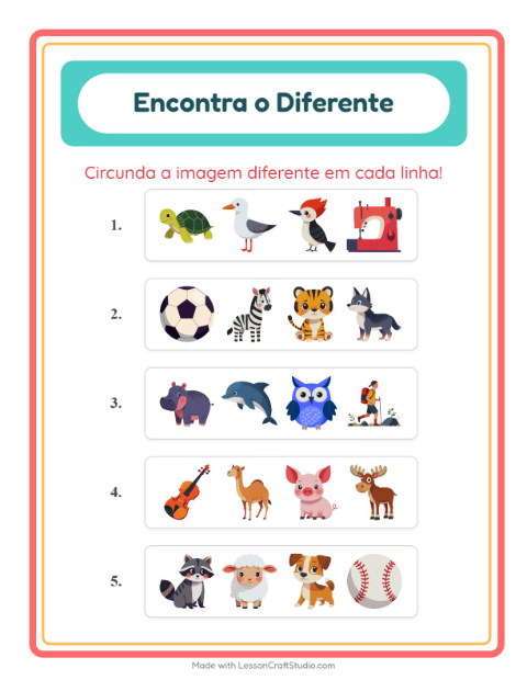 Pré-visualização da ficha de Qual É Diferente com Animais para Educação infantil (pré-escola, 5-7 anos)
