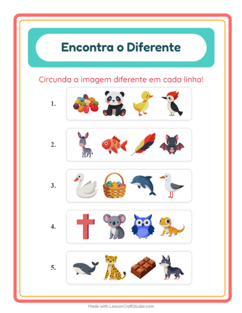 Pré-visualização da ficha de Qual É Diferente com Animais para Educação infantil (pré-escola, 5-7 anos)