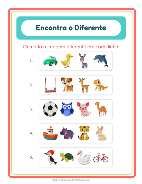 Pré-visualização da ficha de Qual É Diferente com Animais para Educação infantil (pré-escola, 5-7 anos)