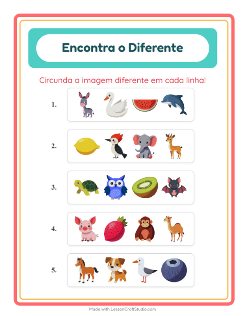 Pré-visualização da ficha de Qual É Diferente com Animais para Educação infantil (pré-escola, 5-7 anos)