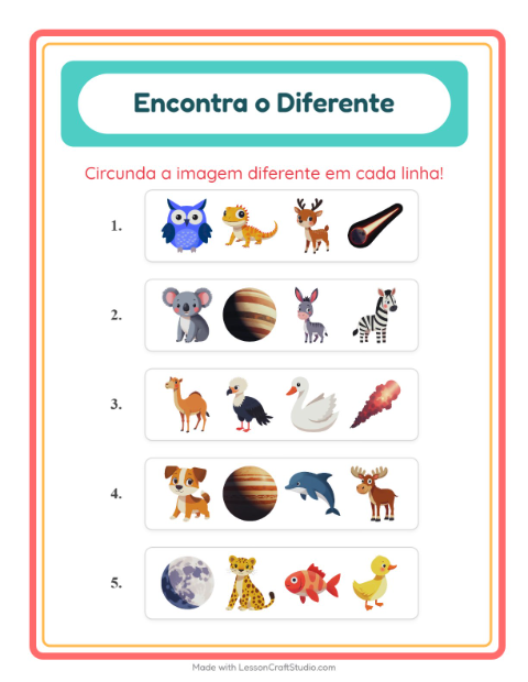 Pré-visualização da ficha de Qual É Diferente com Animais para Educação infantil (pré-escola, 5-7 anos)