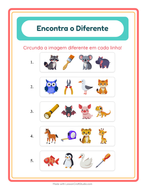 Pré-visualização da ficha de Qual É Diferente com Animais para Educação infantil (pré-escola, 5-7 anos)