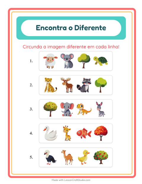 Pré-visualização da ficha de Qual É Diferente com Animais para Educação infantil (pré-escola, 5-7 anos)