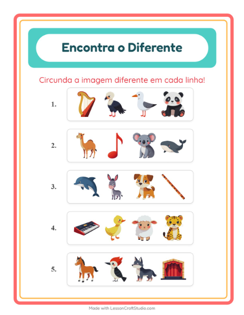 Pré-visualização da ficha de Qual É Diferente com Animais para Educação infantil (pré-escola, 5-7 anos)