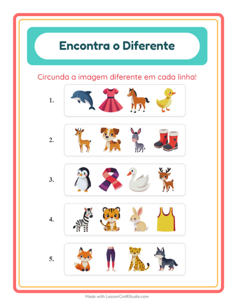 Pré-visualização da ficha de Qual É Diferente com Animais para Educação infantil (pré-escola, 5-7 anos)