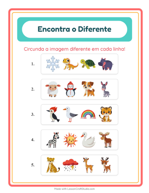 Pré-visualização da ficha de Qual É Diferente com Animais para Educação infantil (pré-escola, 5-7 anos)
