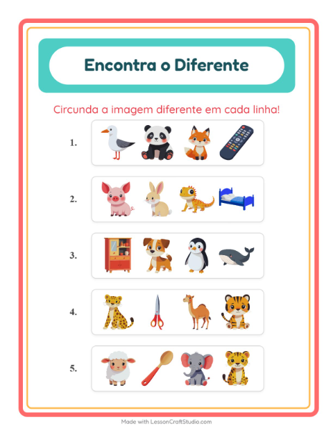 Pré-visualização da ficha de Qual É Diferente com Animais para Educação infantil (pré-escola, 5-7 anos)