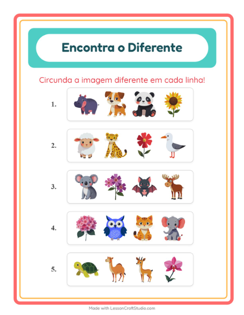 Pré-visualização da ficha de Qual É Diferente com Animais para Educação infantil (pré-escola, 5-7 anos)