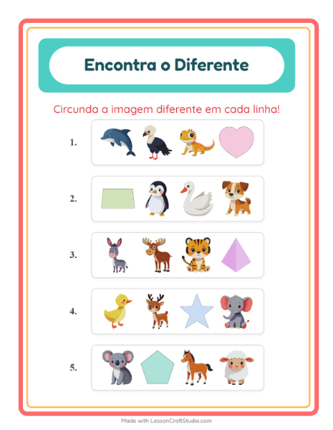 Pré-visualização da ficha de Qual É Diferente com Animais para Educação infantil (pré-escola, 5-7 anos)
