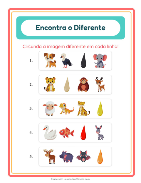 Pré-visualização da ficha de Qual É Diferente com Animais para Educação infantil (pré-escola, 5-7 anos)