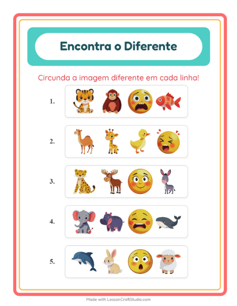 Pré-visualização da ficha de Qual É Diferente com Animais para Educação infantil (pré-escola, 5-7 anos)