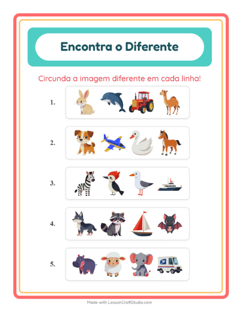 Pré-visualização da ficha de Qual É Diferente com Animais para Educação infantil (pré-escola, 5-7 anos)