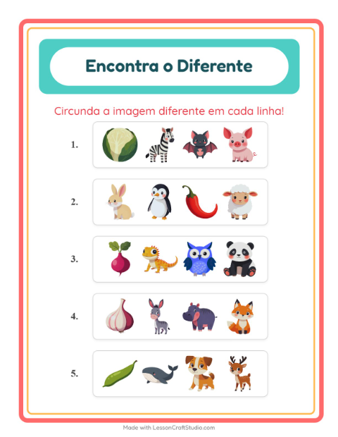 Pré-visualização da ficha de Qual É Diferente com Animais para Educação infantil (pré-escola, 5-7 anos)
