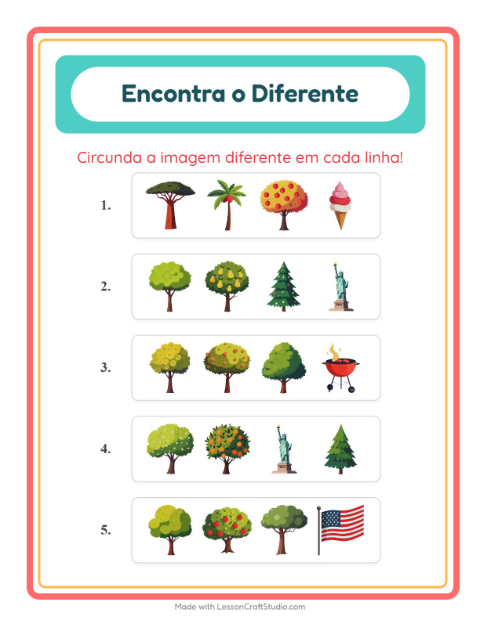 Pré-visualização da ficha de Qual É Diferente com Árvores para Educação infantil (pré-escola, 5-7 anos)