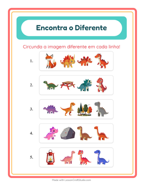 Pré-visualização da ficha de Qual É Diferente com Dinossauros para Educação infantil (pré-escola, 5-7 anos)
