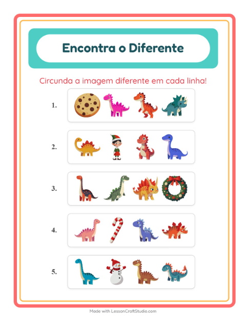 Pré-visualização da ficha de Qual É Diferente com Dinossauros para Educação infantil (pré-escola, 5-7 anos)