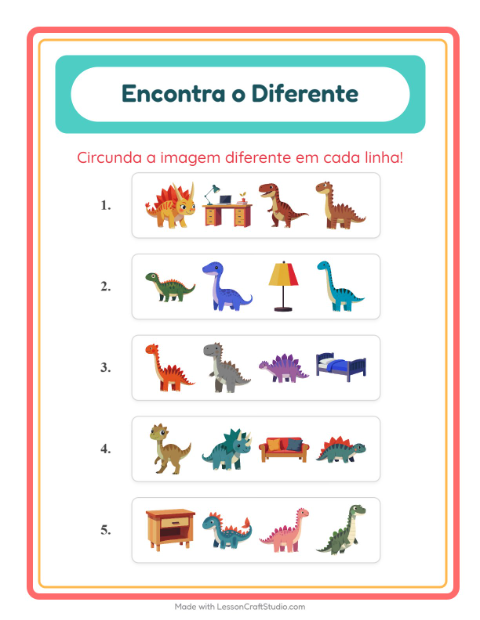 Pré-visualização da ficha de Qual É Diferente com Dinossauros para Educação infantil (pré-escola, 5-7 anos)