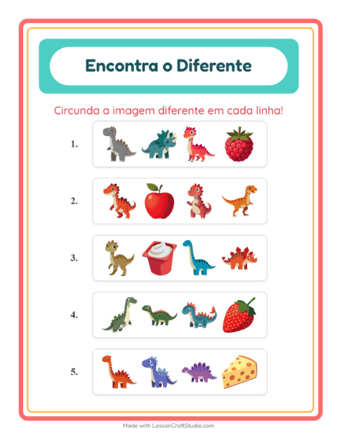 Pré-visualização da ficha de Qual É Diferente com Dinossauros para Educação infantil (pré-escola, 5-7 anos)