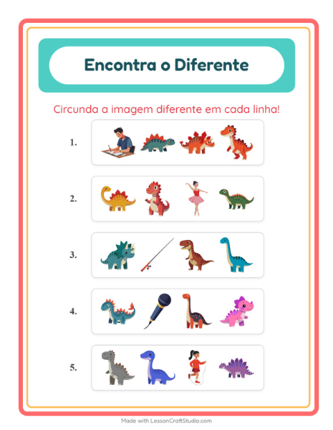 Pré-visualização da ficha de Qual É Diferente com Dinossauros para Educação infantil (pré-escola, 5-7 anos)