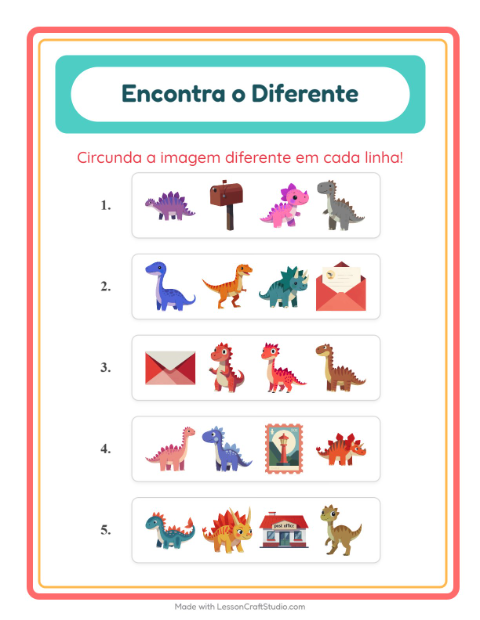 Pré-visualização da ficha de Qual É Diferente com Dinossauros para Educação infantil (pré-escola, 5-7 anos)