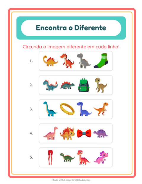 Pré-visualização da ficha de Qual É Diferente com Dinossauros para Educação infantil (pré-escola, 5-7 anos)