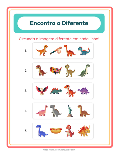 Pré-visualização da ficha de Qual É Diferente com Dinossauros para Educação infantil (pré-escola, 5-7 anos)