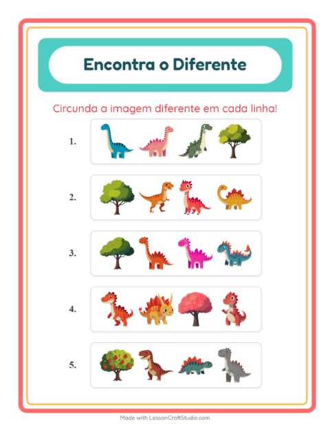 Pré-visualização da ficha de Qual É Diferente com Dinossauros para Educação infantil (pré-escola, 5-7 anos)