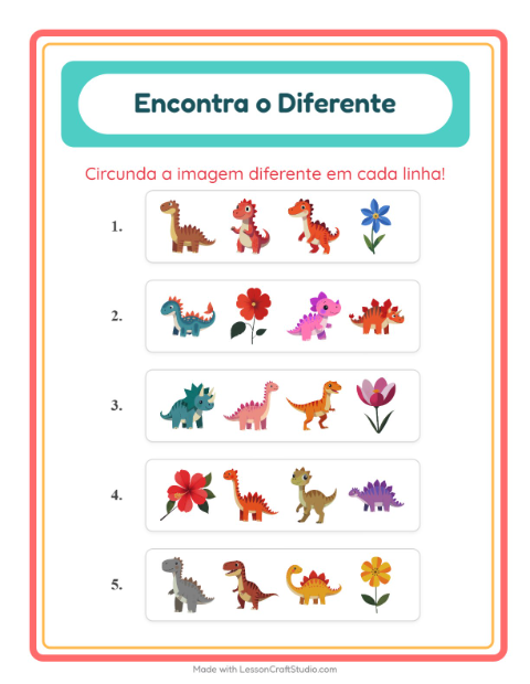 Pré-visualização da ficha de Qual É Diferente com Dinossauros para Educação infantil (pré-escola, 5-7 anos)