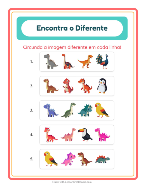 Pré-visualização da ficha de Qual É Diferente com Dinossauros para Educação infantil (pré-escola, 5-7 anos)